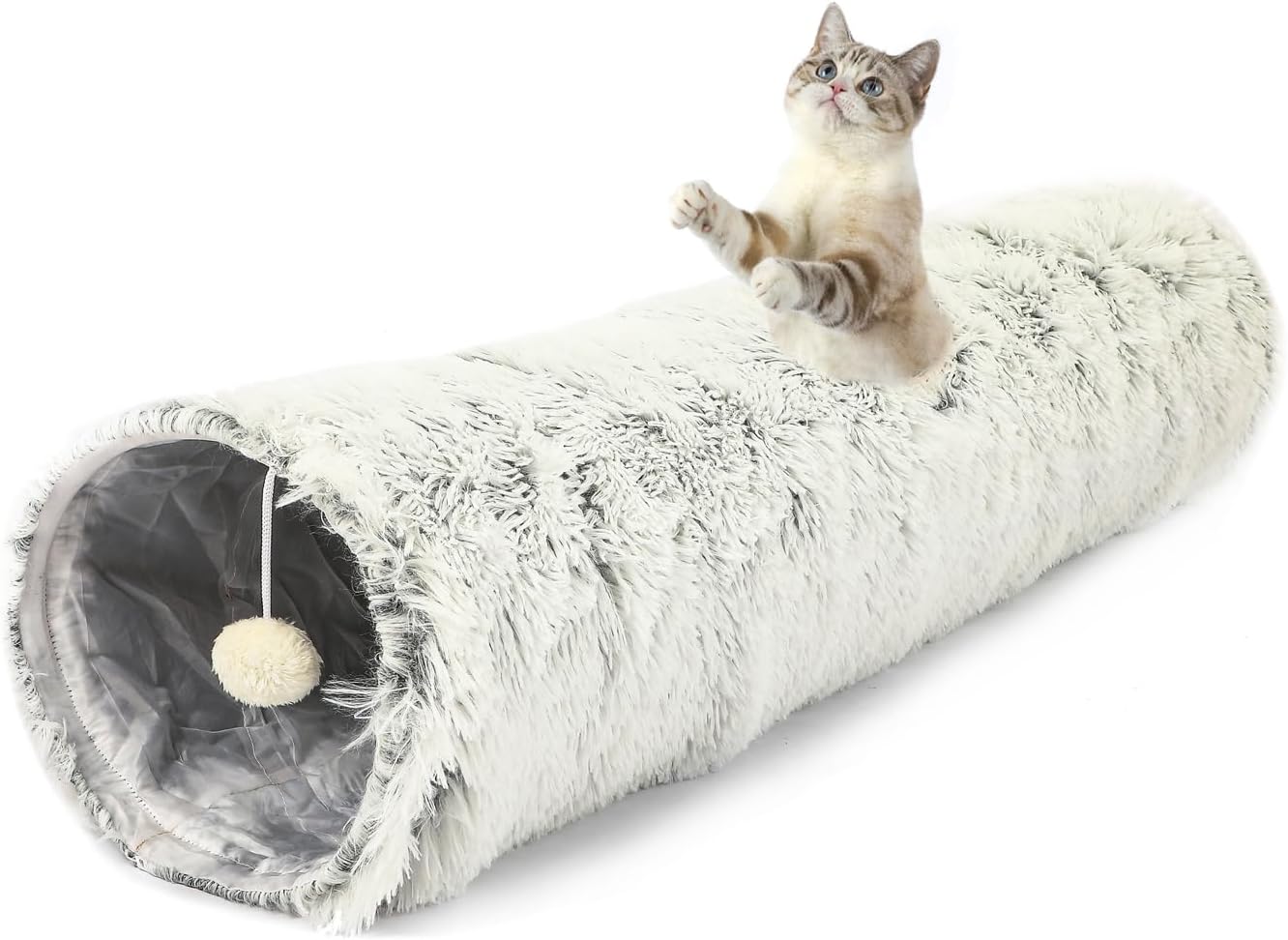 Warm fluffy plush cat dog tunnel bed with washable cushion