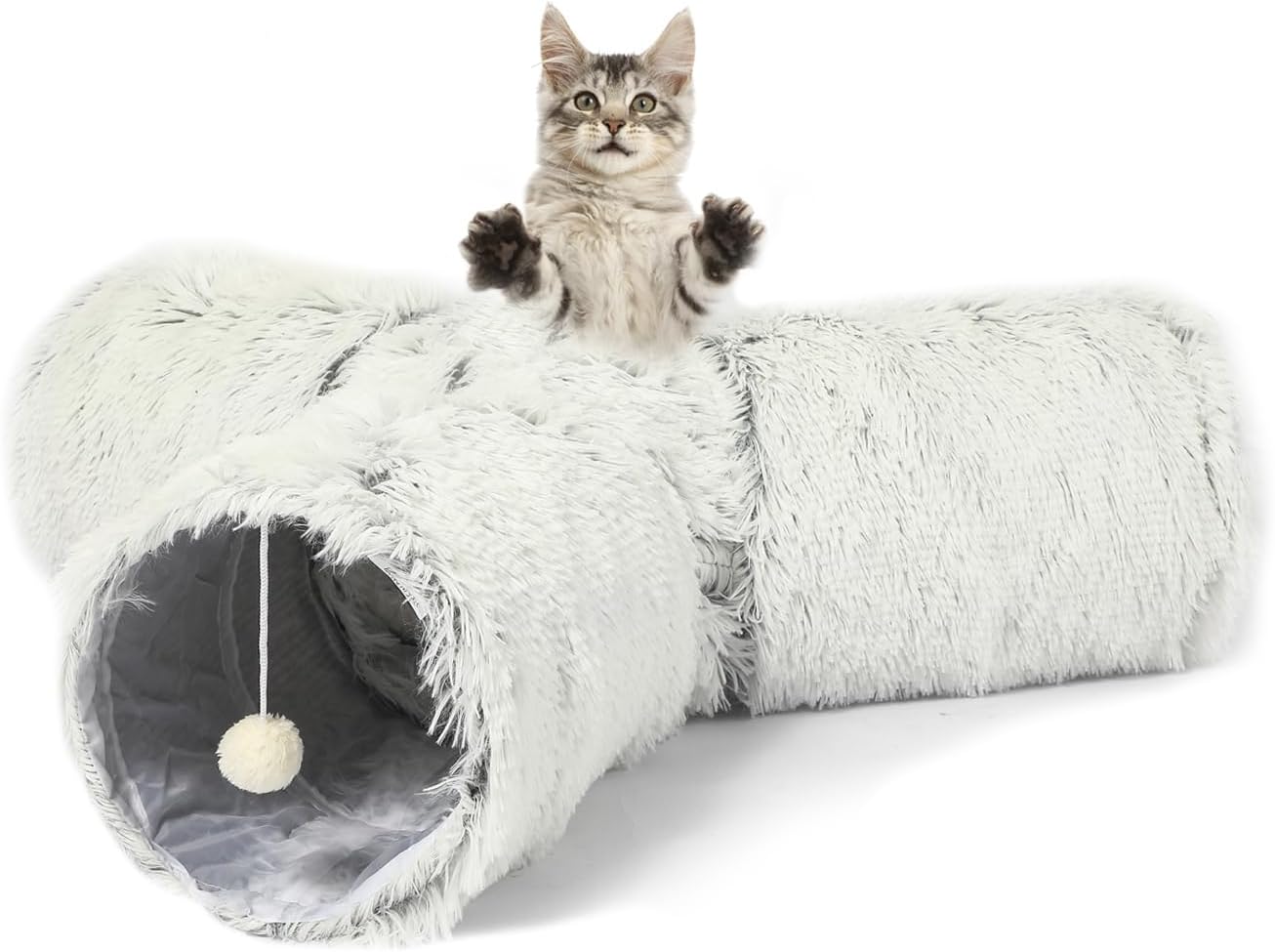 Warm fluffy plush cat dog tunnel bed with washable cushion