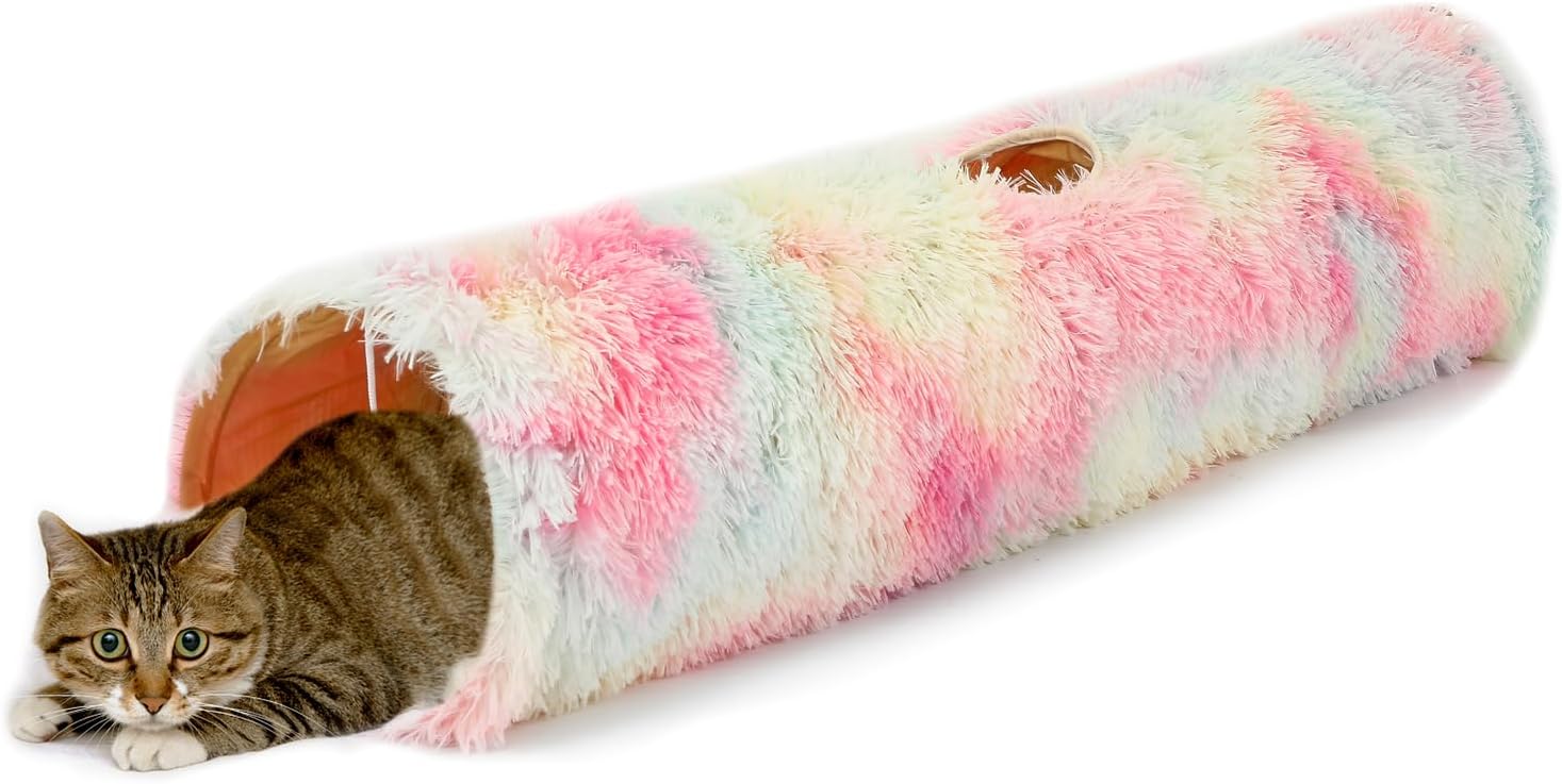 Warm fluffy plush cat dog tunnel bed with washable cushion