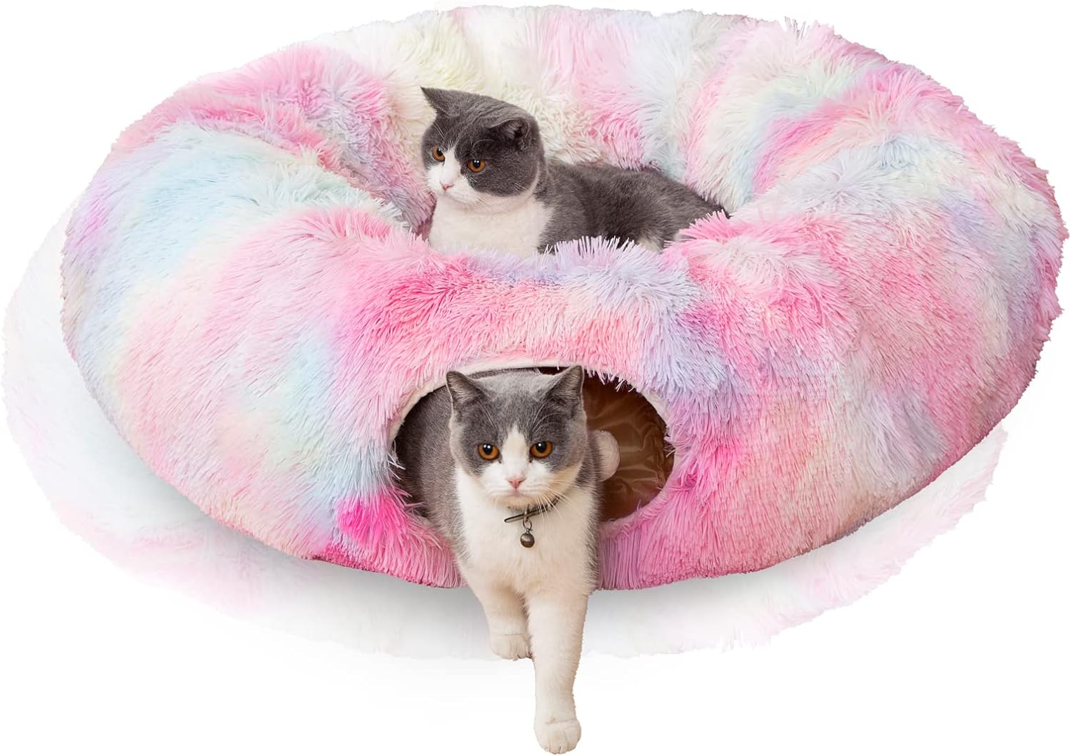 Warm fluffy plush cat dog tunnel bed with washable cushion