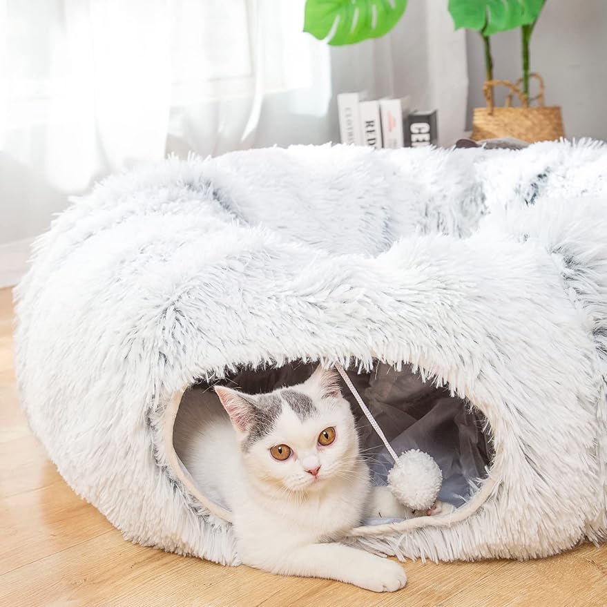 Warm fluffy plush cat dog tunnel bed with washable cushion