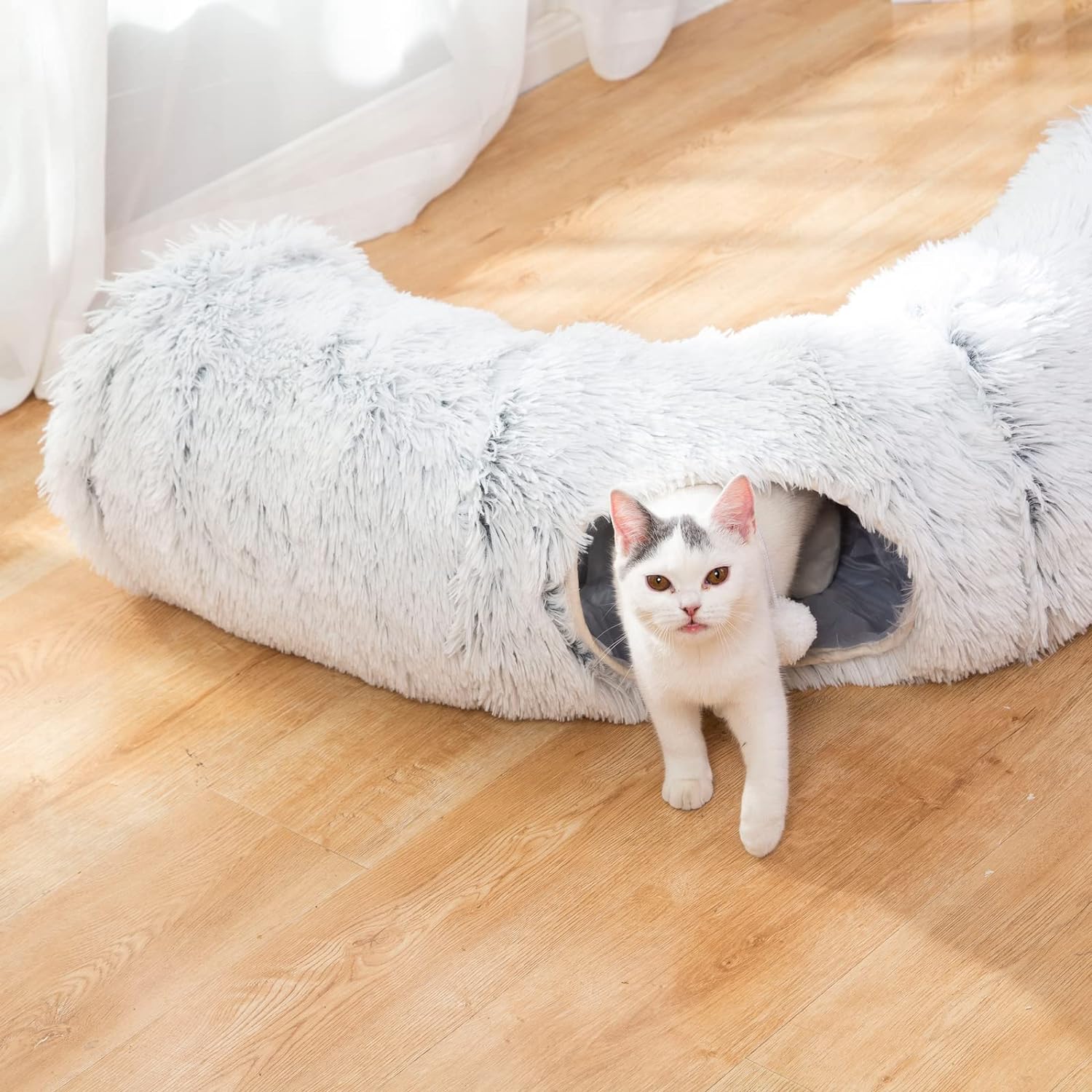 Warm fluffy plush cat dog tunnel bed with washable cushion