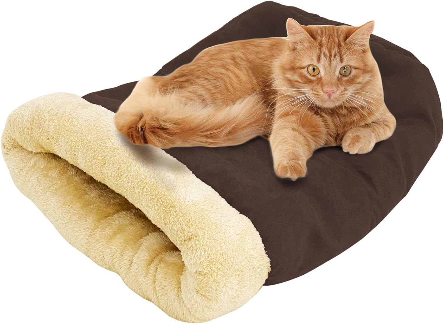 4 in 1 Self Warming Burrow Cat Bed, Pet Hideway Sleeping Cuddle Cave (Brown)