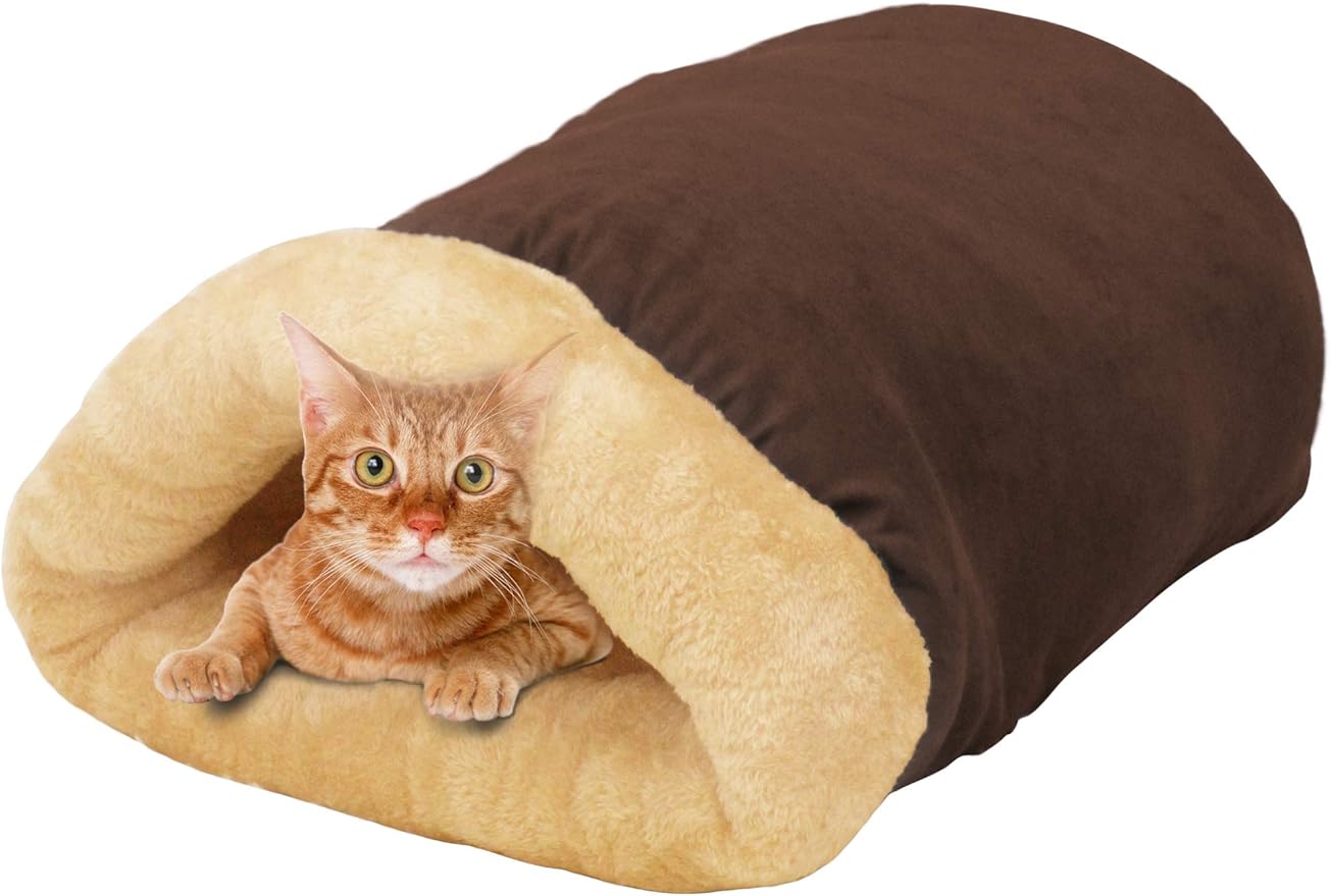 4 in 1 Self Warming Burrow Cat Bed, Pet Hideway Sleeping Cuddle Cave (Brown)