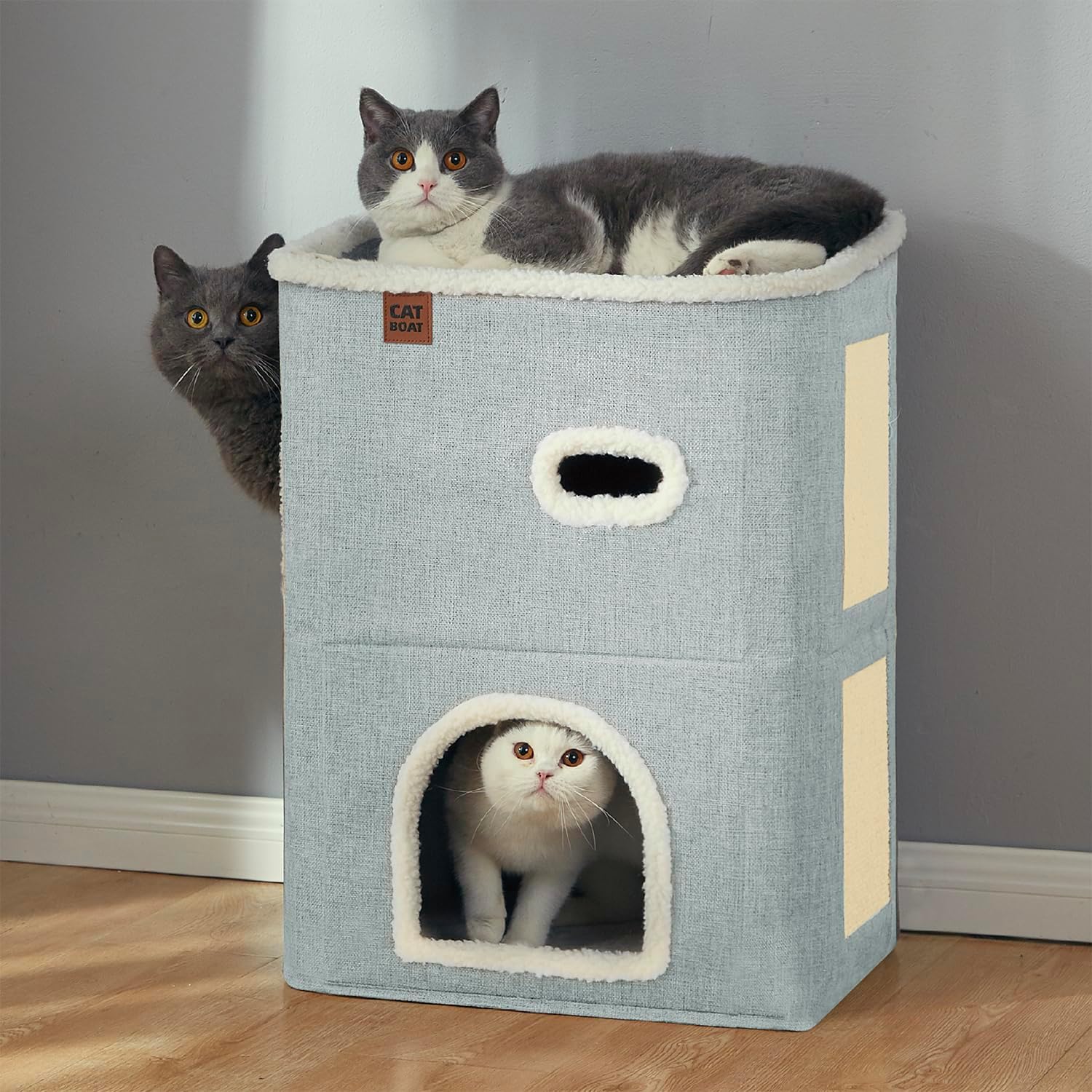 2-story Cat House for Indoor cat Bed, Covered Cat Beds and furniture with Scratch Pad and Hideaway Cave, Cute Modern Cat Condo