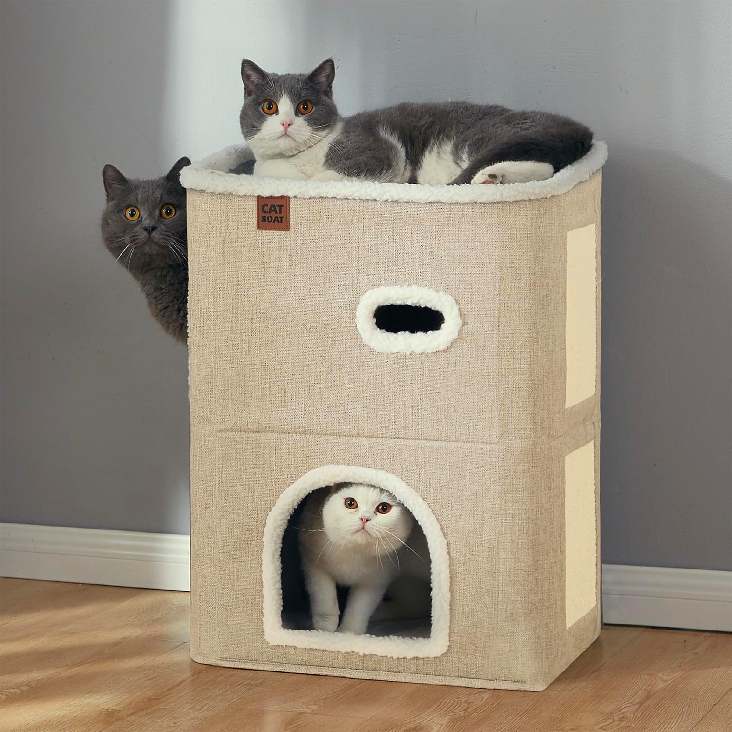 2-story Cat House for Indoor cat Bed, Covered Cat Beds and furniture with Scratch Pad and Hideaway Cave, Cute Modern Cat Condo