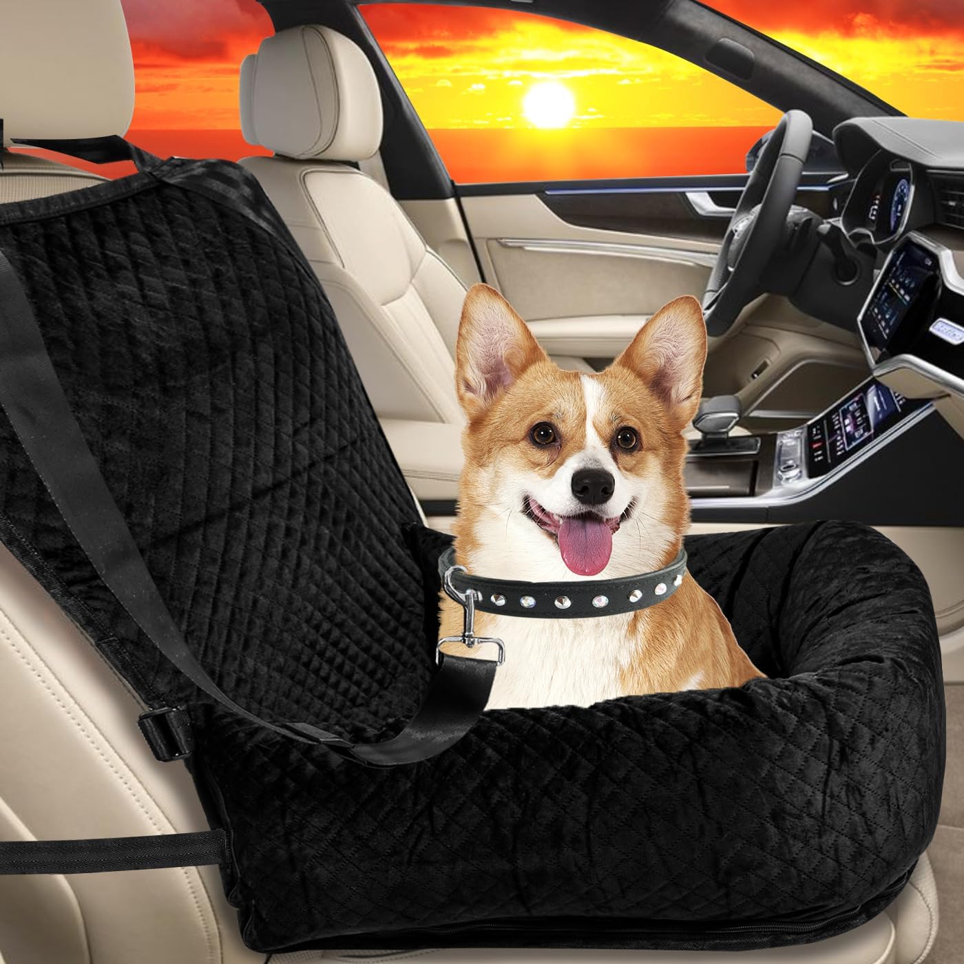 Pet Dog Car Seat,Detachable Washable Dog Booster Seat for Small Dogs Up to 11 Lbs,Non-Slip Center Console Dog Cat Car Seat with Safety Tethers and Removable Comfort Pillow,Fits Car Travel