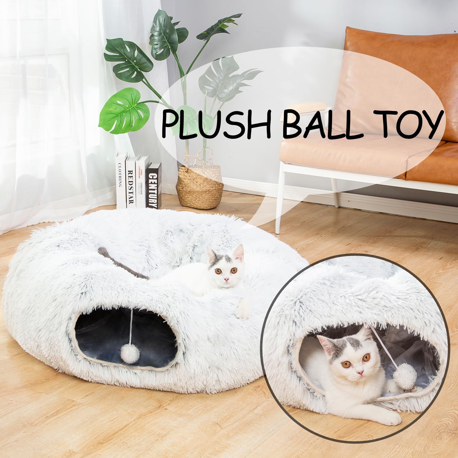 Warm fluffy plush cat dog tunnel bed with washable cushion