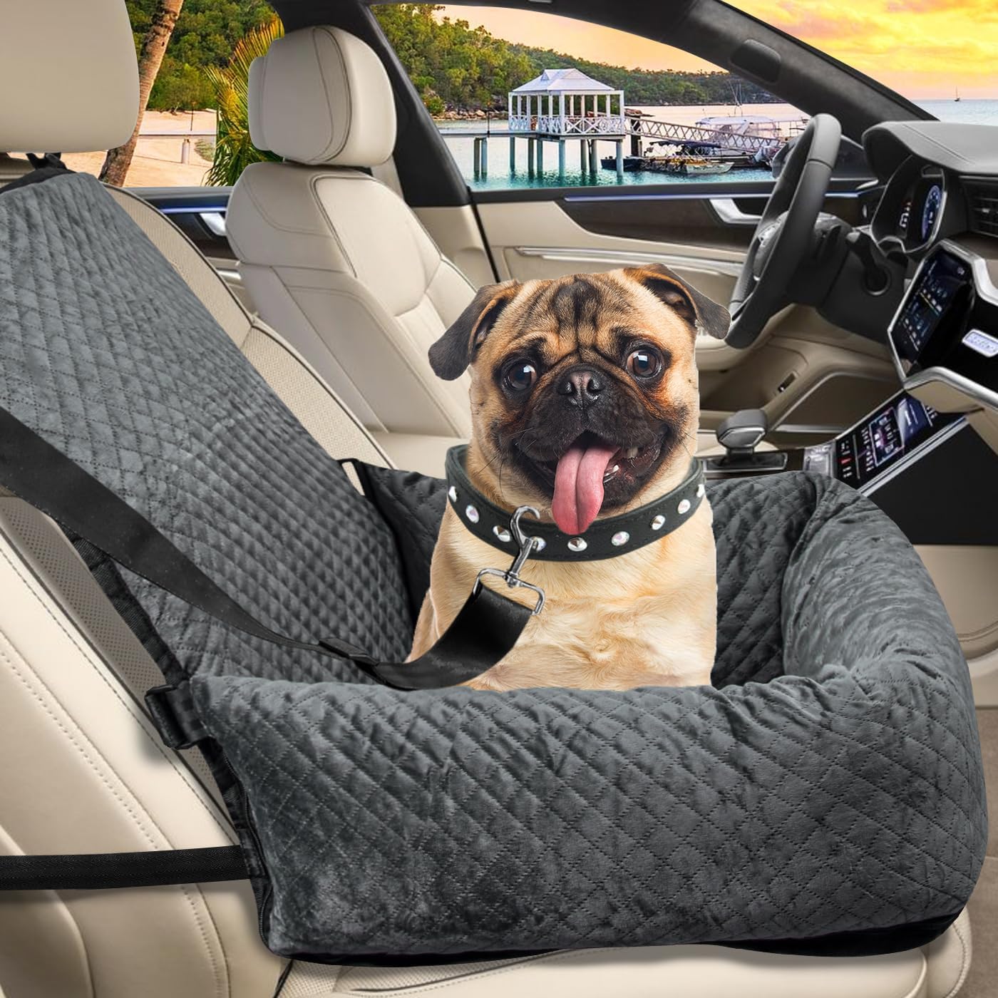 Pet Dog Car Seat,Detachable Washable Dog Booster Seat for Small Dogs Up to 11 Lbs,Non-Slip Center Console Dog Cat Car Seat with Safety Tethers and Removable Comfort Pillow,Fits Car Travel