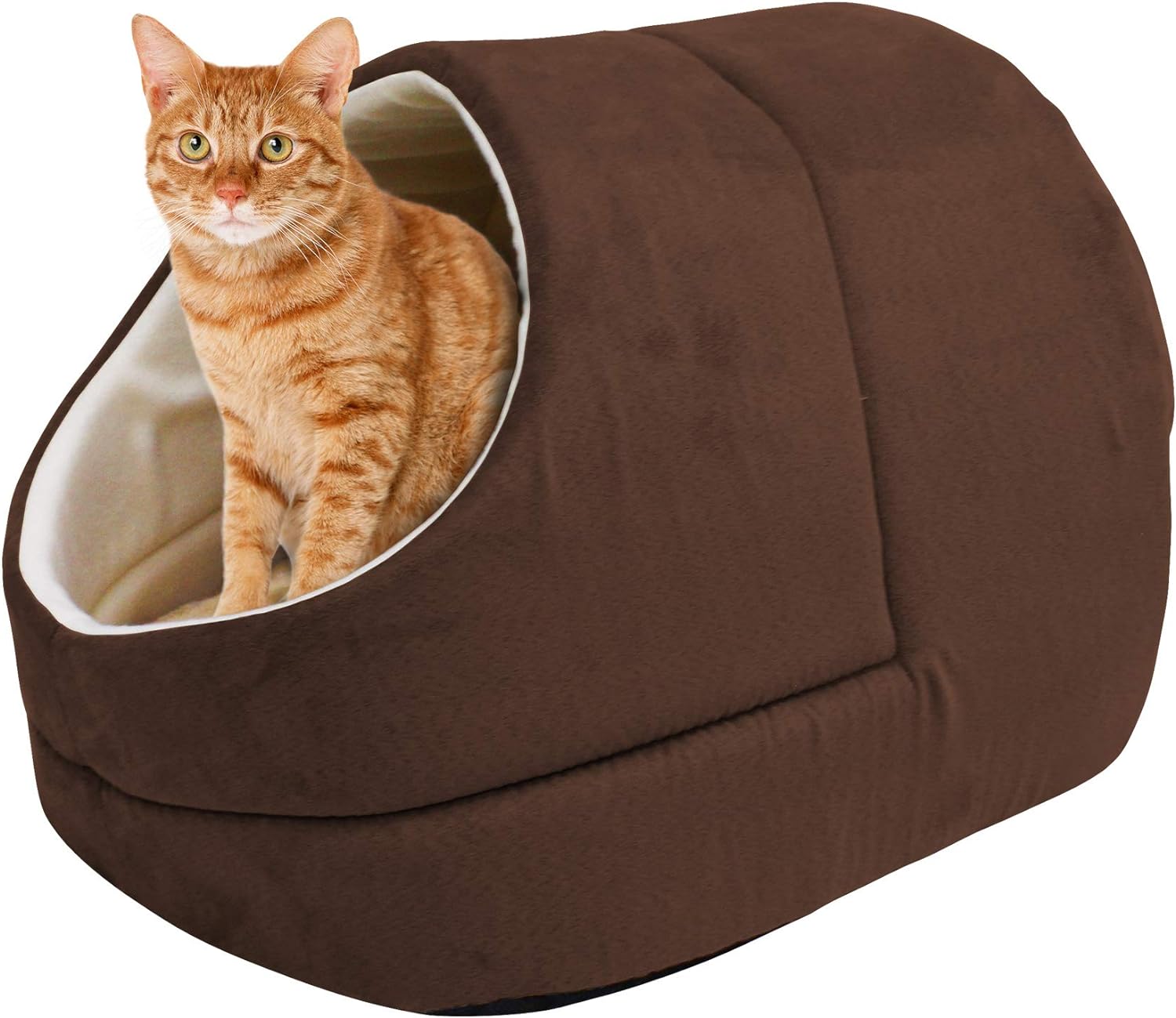 4 in 1 Self Warming Burrow Cat Bed, Pet Hideway Sleeping Cuddle Cave (Brown)