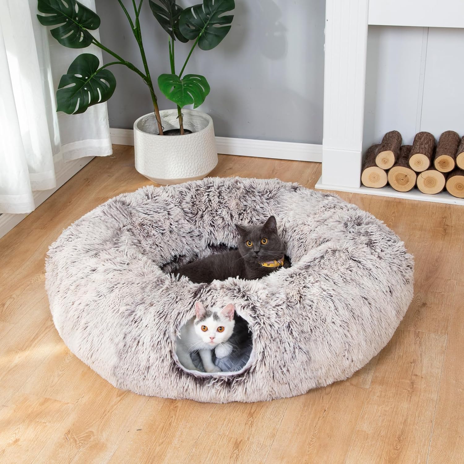 Warm fluffy plush cat dog tunnel bed with washable cushion