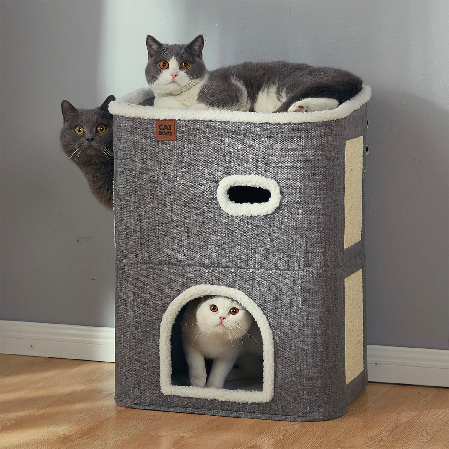 2-story Cat House for Indoor cat Bed, Covered Cat Beds and furniture with Scratch Pad and Hideaway Cave, Cute Modern Cat Condo