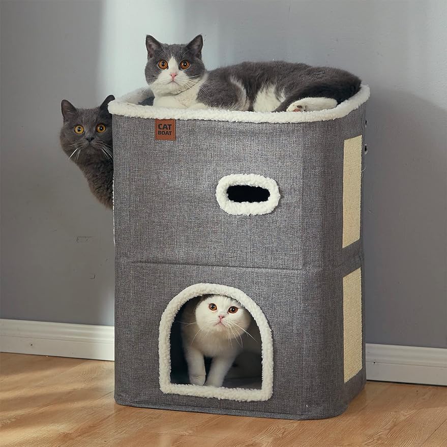 2-story Cat House for Indoor cat Bed, Covered Cat Beds and furniture with Scratch Pad and Hideaway Cave, Cute Modern Cat Condo