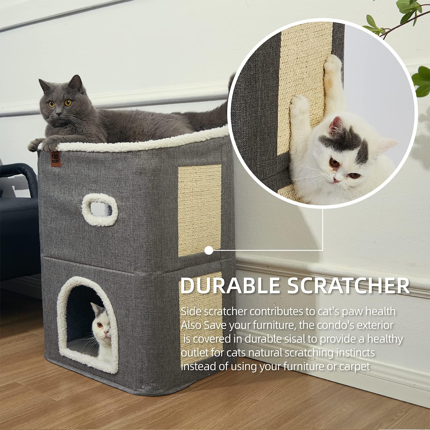 2-story Cat House for Indoor cat Bed, Covered Cat Beds and furniture with Scratch Pad and Hideaway Cave, Cute Modern Cat Condo