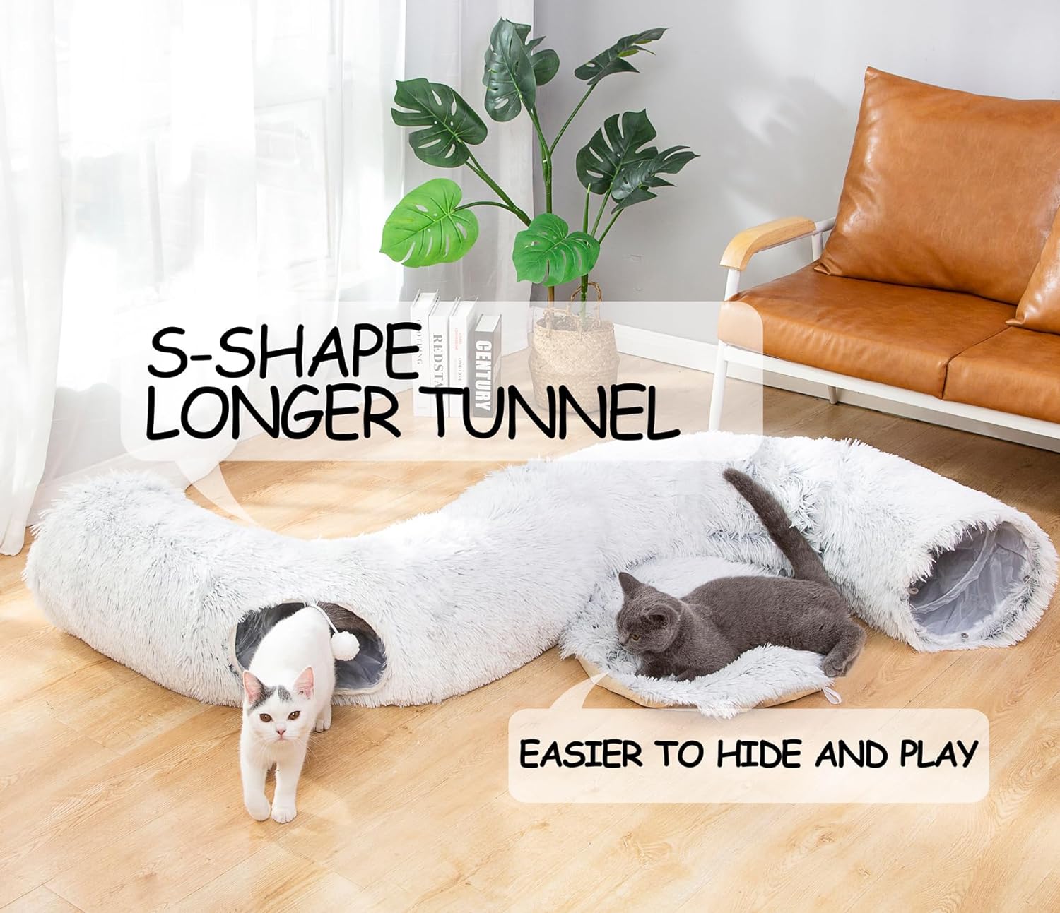 Warm fluffy plush cat dog tunnel bed with washable cushion