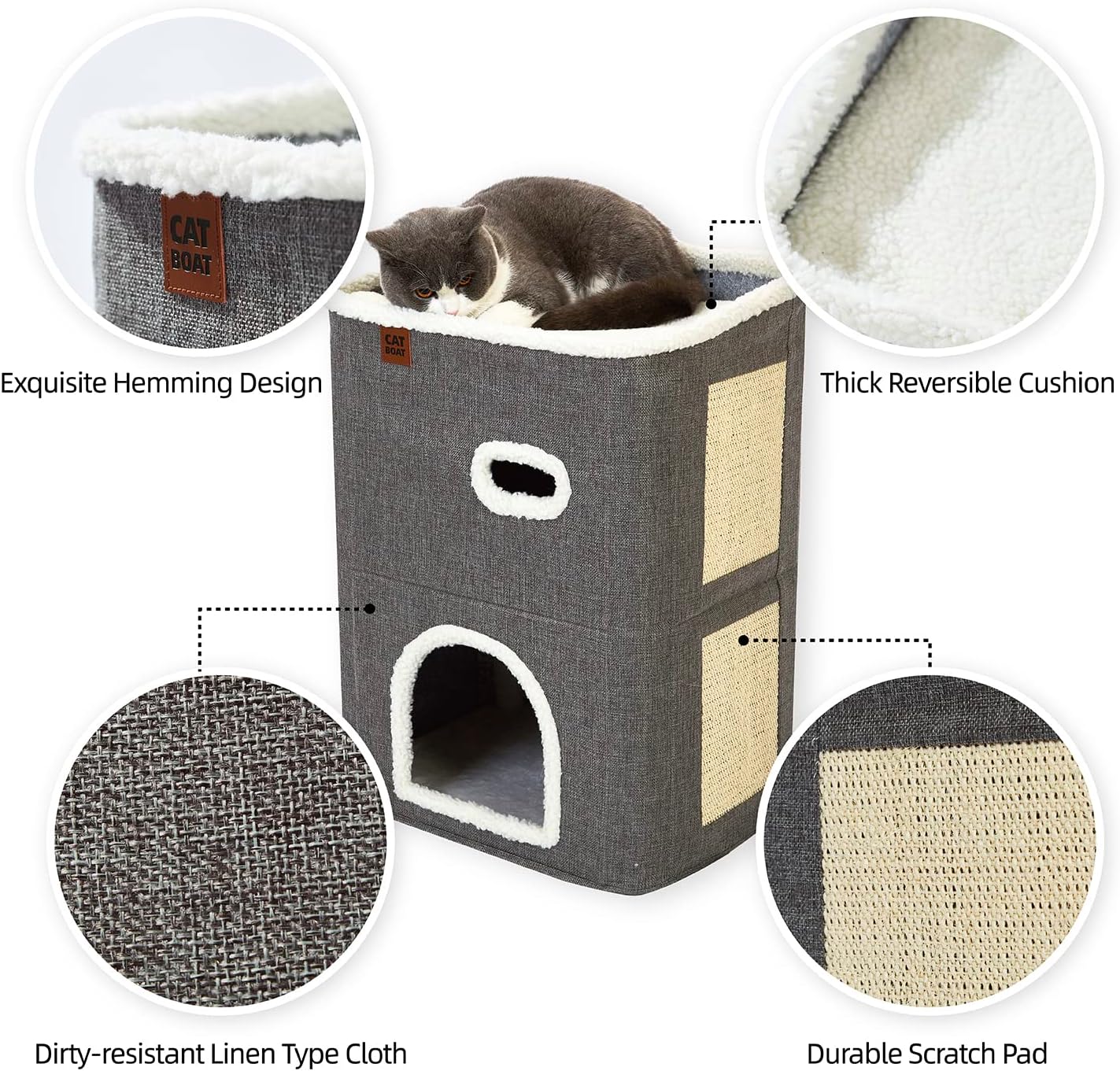 2-story Cat House for Indoor cat Bed, Covered Cat Beds and furniture with Scratch Pad and Hideaway Cave, Cute Modern Cat Condo