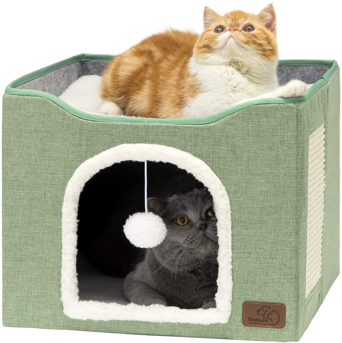 Large cat cave for indoor cats with fluffy ball hanging and scratch pad, foldable hideaway, 16.5x16.5x13 inches, grey.