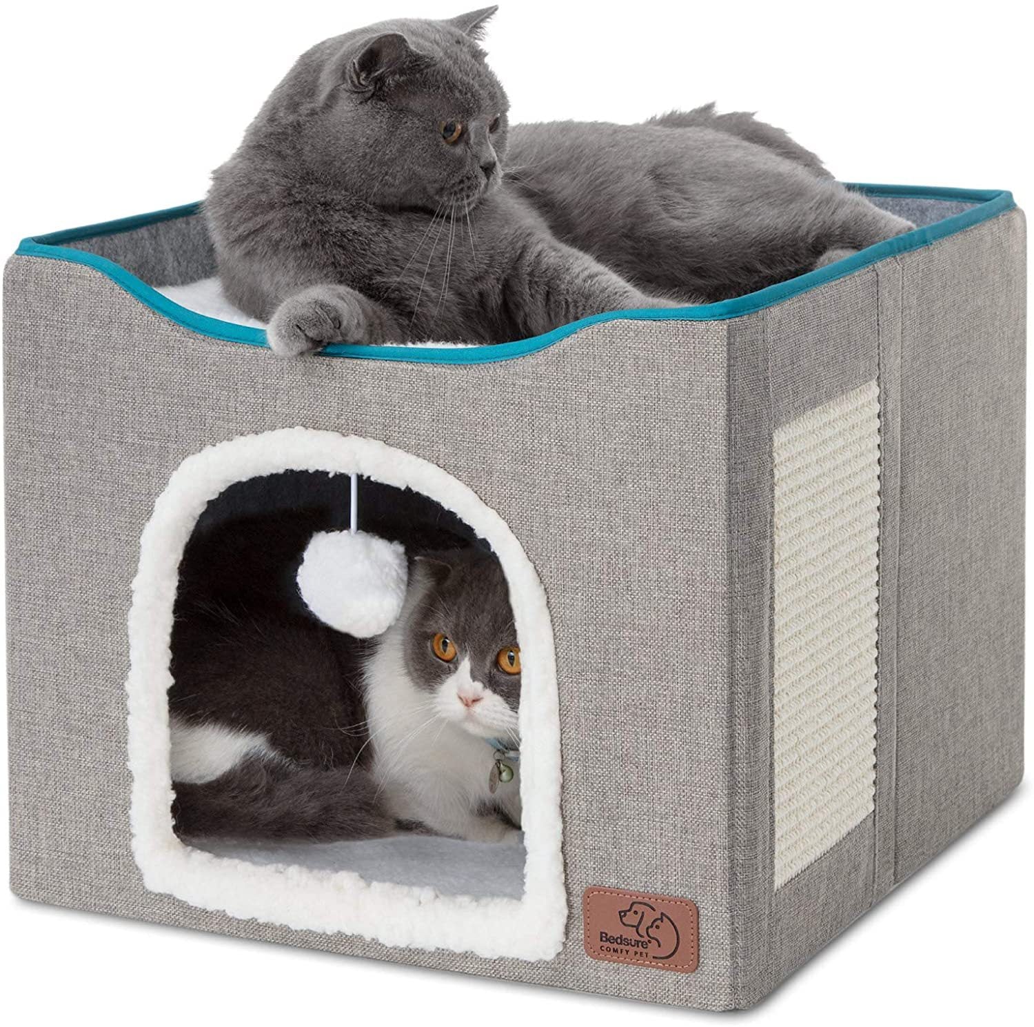 Large cat cave for indoor cats with fluffy ball hanging and scratch pad, foldable hideaway, 16.5x16.5x13 inches, grey.