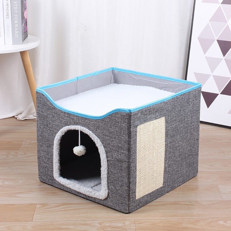 Large cat cave for indoor cats with fluffy ball hanging and scratch pad, foldable hideaway, 16.5x16.5x13 inches, grey.