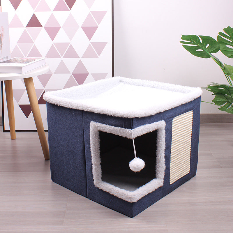 Large cat cave for indoor cats with fluffy ball hanging and scratch pad, foldable hideaway, 16.5x16.5x13 inches, grey.