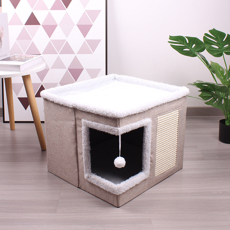 Large cat cave for indoor cats with fluffy ball hanging and scratch pad, foldable hideaway, 16.5x16.5x13 inches, grey.