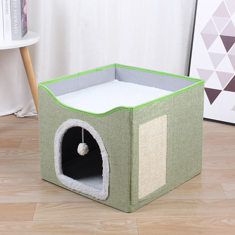 Large cat cave for indoor cats with fluffy ball hanging and scratch pad, foldable hideaway, 16.5x16.5x13 inches, grey.