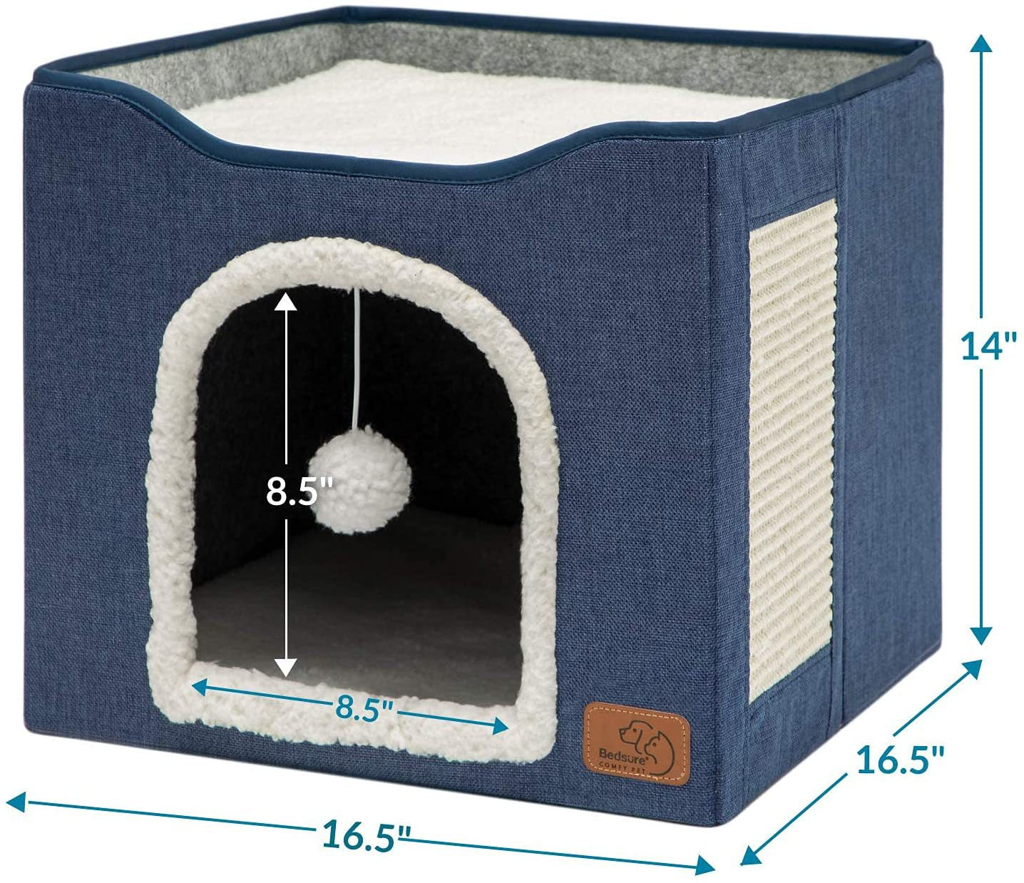 Large cat cave for indoor cats with fluffy ball hanging and scratch pad, foldable hideaway, 16.5x16.5x13 inches, grey.