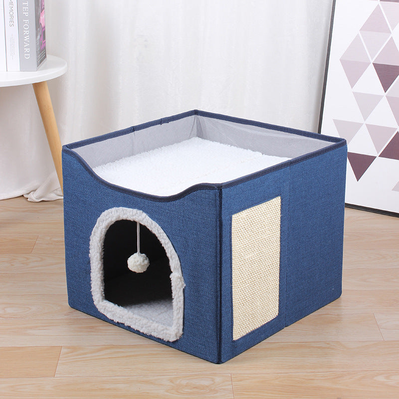 Large cat cave for indoor cats with fluffy ball hanging and scratch pad, foldable hideaway, 16.5x16.5x13 inches, grey.